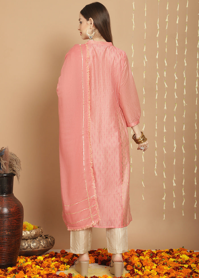 3 Pc Peach Unstitched Silk Suit Set