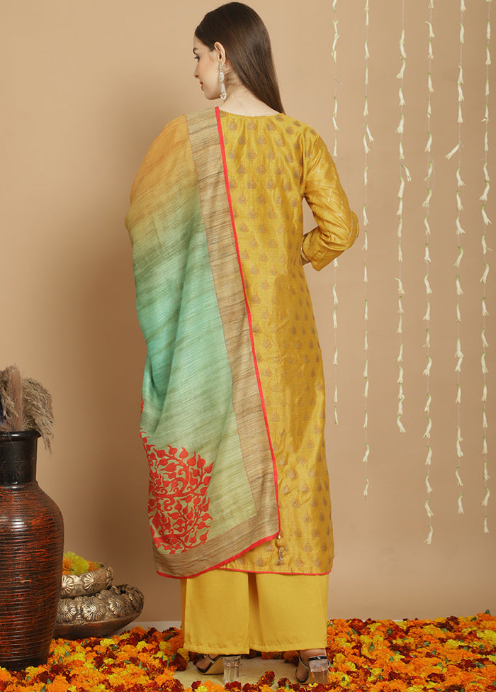 3 Pc Yellow Unstitched Silk Suit Set