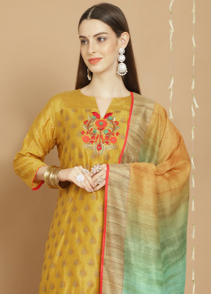 3 Pc Yellow Unstitched Chanderi Suit Set