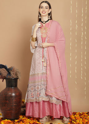 3 Pc Grey Unstitched Chanderi Suit Set