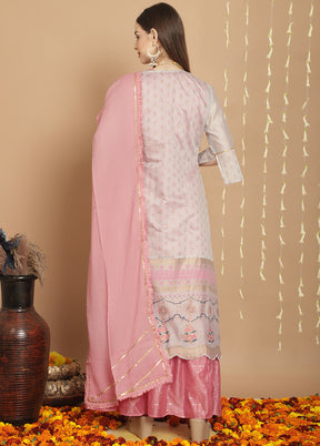 3 Pc Grey Unstitched Chanderi Suit Set