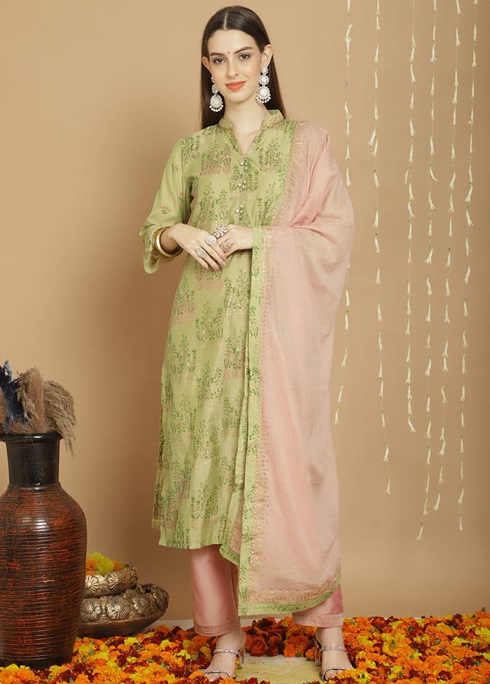 3 Pc Green Unstitched Silk Suit Set