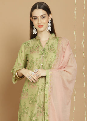 3 Pc Green Unstitched Silk Suit Set