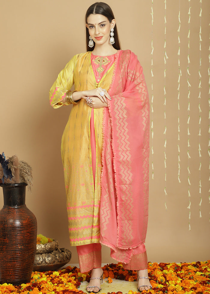 3 Pc Yellow Unstitched Chanderi Suit Set