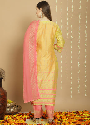 3 Pc Yellow Unstitched Chanderi Suit Set