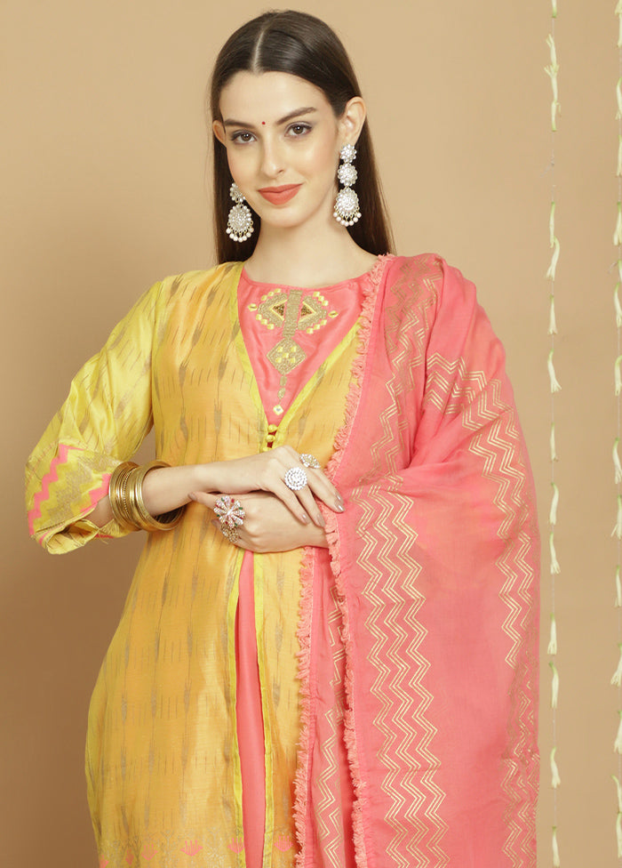 3 Pc Yellow Unstitched Silk Suit Set