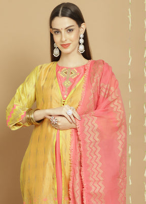 3 Pc Yellow Unstitched Chanderi Suit Set