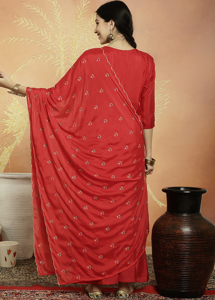 3 Pc Red Unstitched Pure Santoon Suit Set