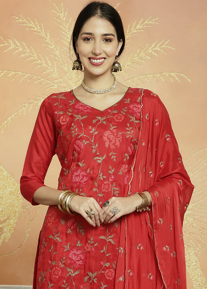 3 Pc Red Unstitched Pure Santoon Suit Set