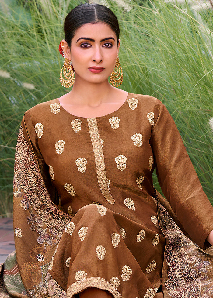 3 Pc Brown Unstitched Pure Silk Suit Set