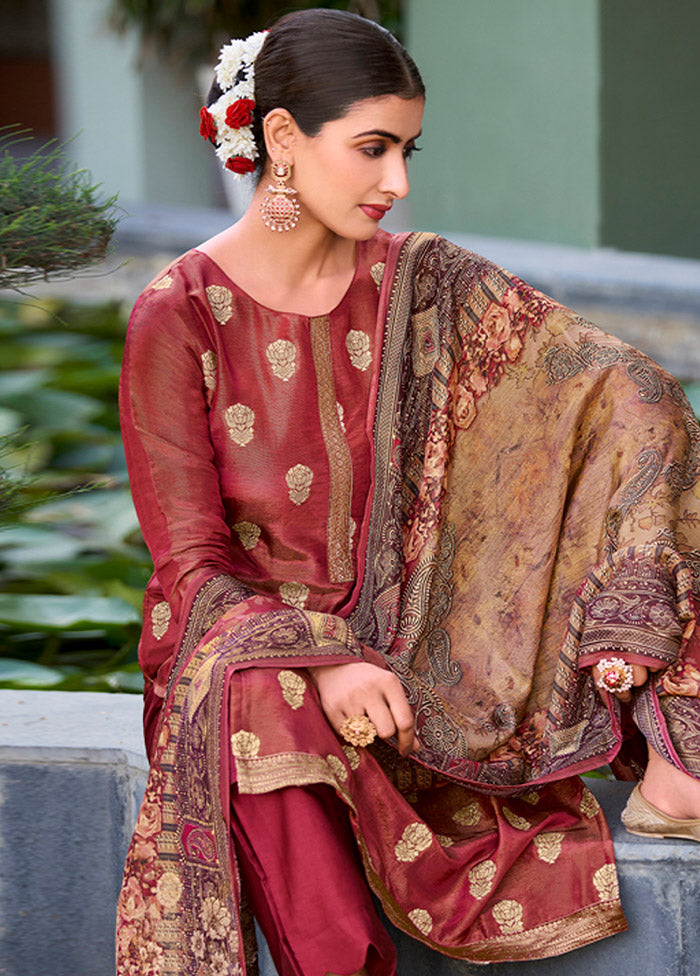 3 Pc Maroon Unstitched Pure Silk Suit Set