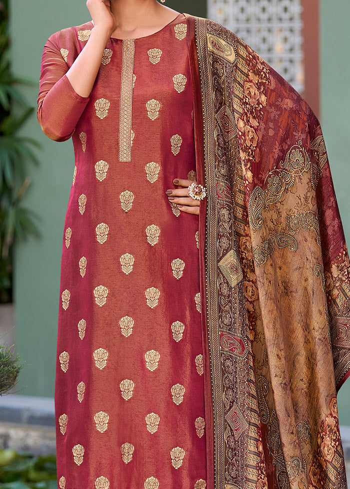 3 Pc Maroon Unstitched Pure Silk Suit Set