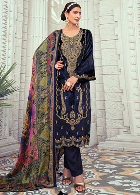 3 Pc Navy Blue Unstitched Velvet Suit Set