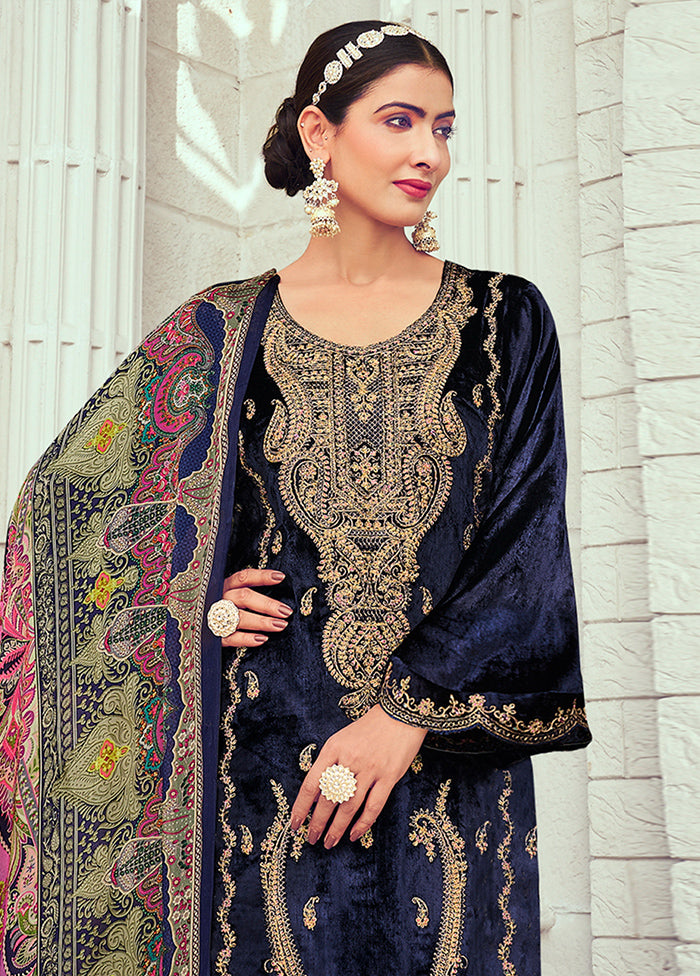 3 Pc Blue Unstitched Pashmina Suit Set