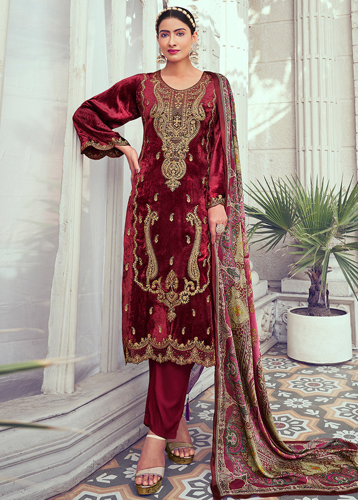 3 Pc Maroon Unstitched Velvet Suit Set