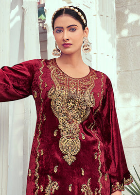 3 Pc Maroon Unstitched Velvet Suit Set