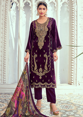 3 Pc Purple Unstitched Velvet Suit Set