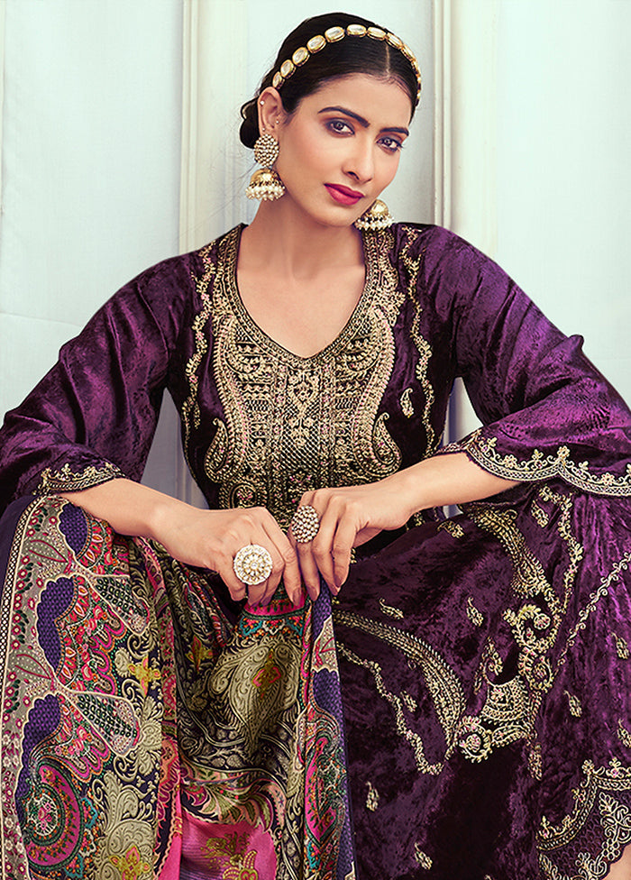 3 Pc Purple Unstitched Velvet Suit Set