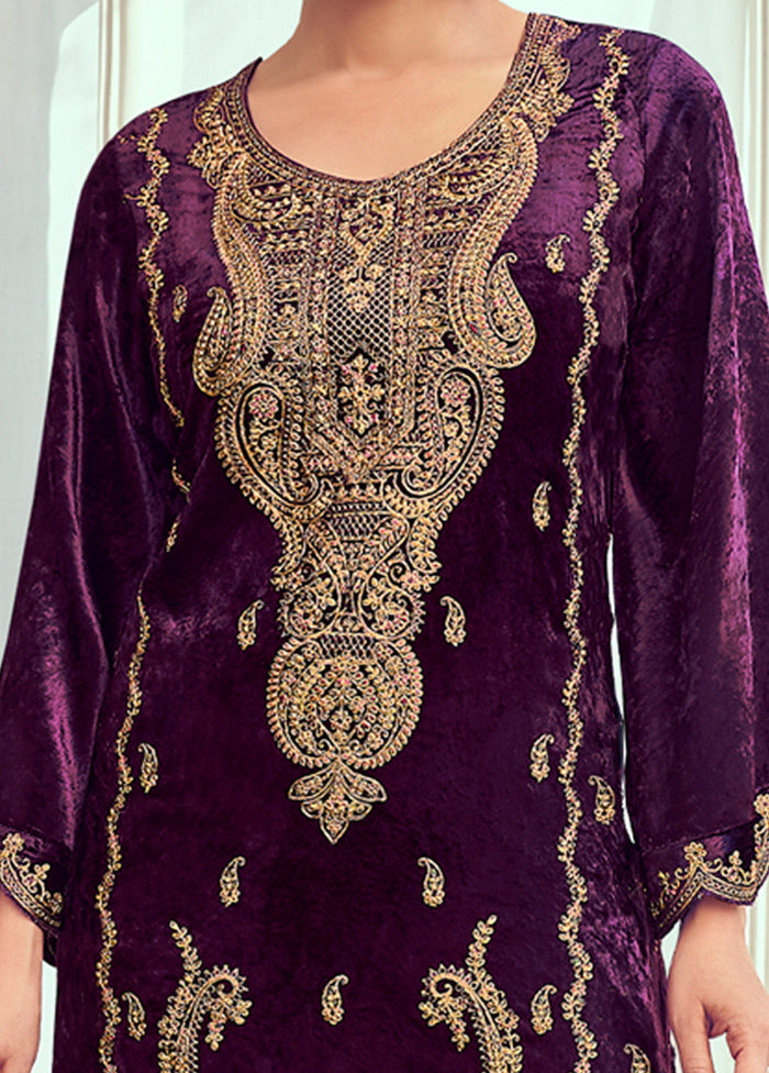 3 Pc Purple Unstitched Velvet Suit Set