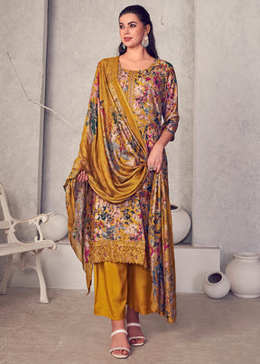 3 Pc Yellow Unstitched Pure Pashmina Suit Set