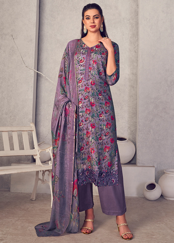 3 Pc Purple Unstitched Pure Pashmina Suit Set