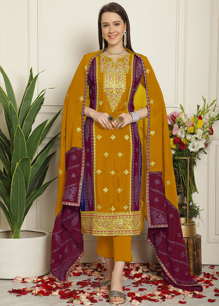 3 Pc Yellow Unstitched Muslin Suit Set