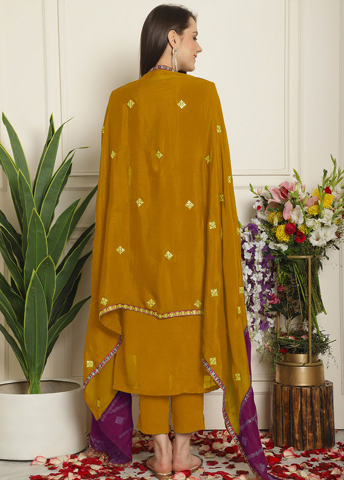 3 Pc Mustard Unstitched Silk Suit Set