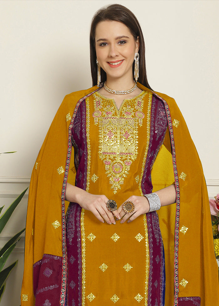 3 Pc Mustard Unstitched Silk Suit Set