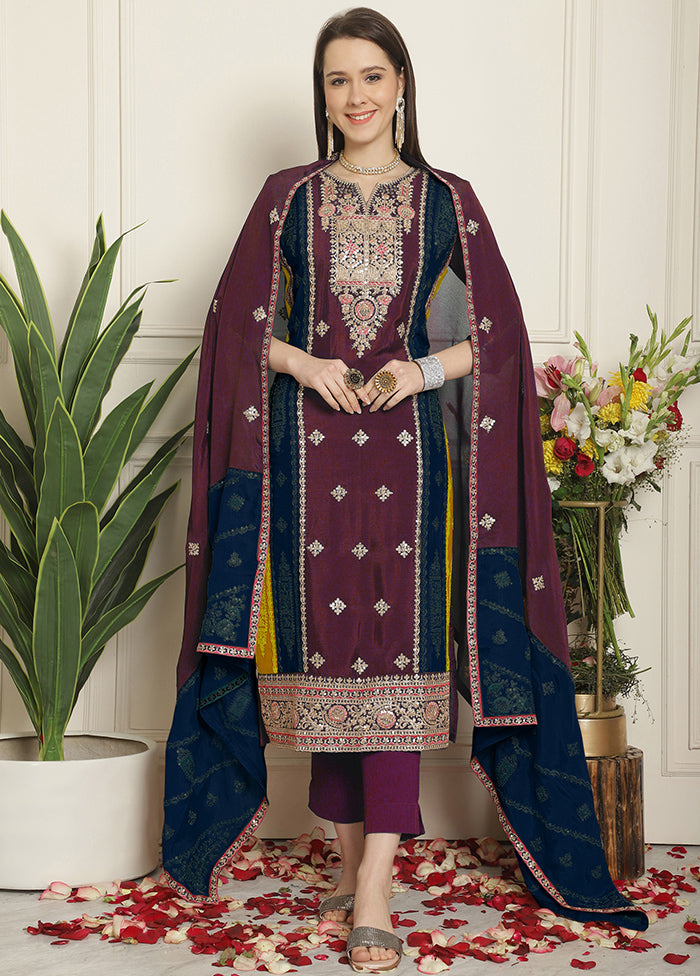 3 Pc Magenta Unstitched Silk Suit Set