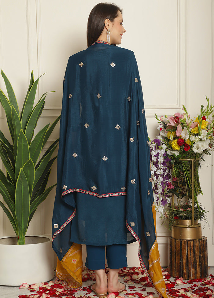 3 Pc Blue Unstitched Muslin Suit Set