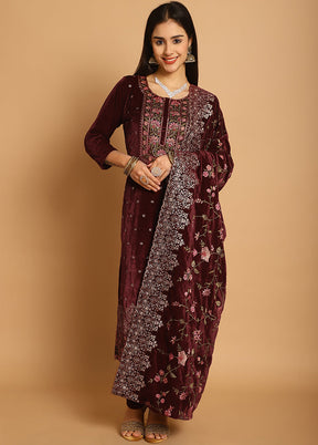 3 Pc Maroon Unstitched Velvet Suit Set - Indian Silk House Agencies