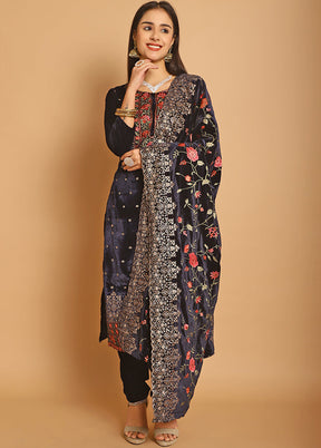 3 Pc Blue Unstitched Velvet Suit Set - Indian Silk House Agencies