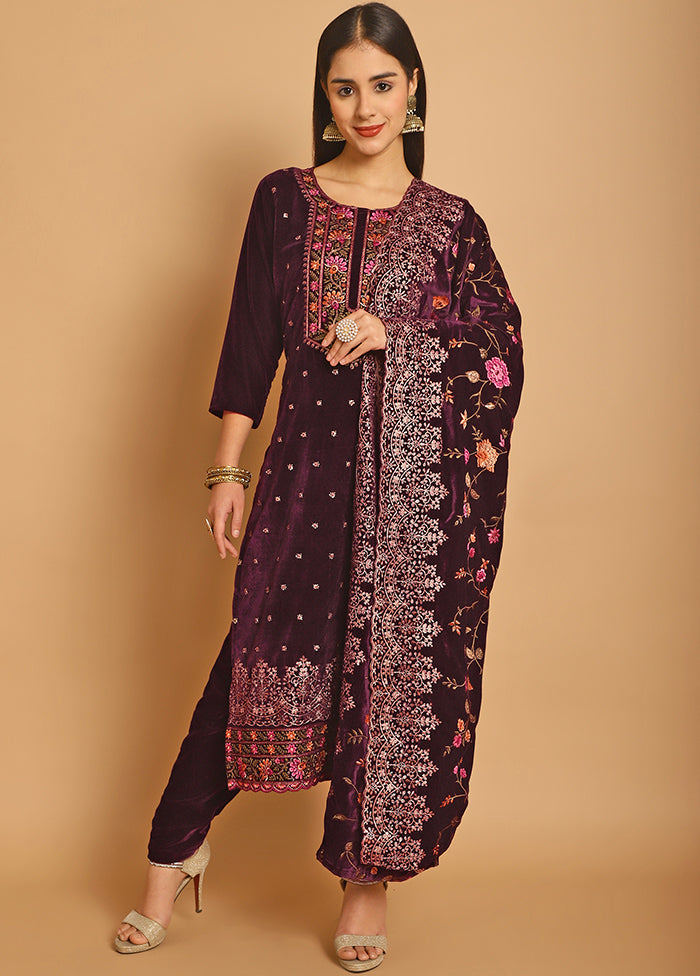 3 Pc Maroon Unstitched Velvet Suit Set - Indian Silk House Agencies