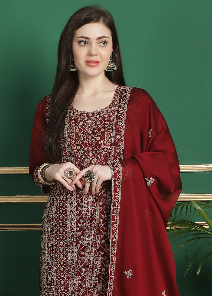 3 Pc Red Unstitched Georgette Suit Set