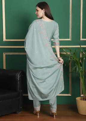 3 Pc Turquoise Unstitched Silk Suit Set