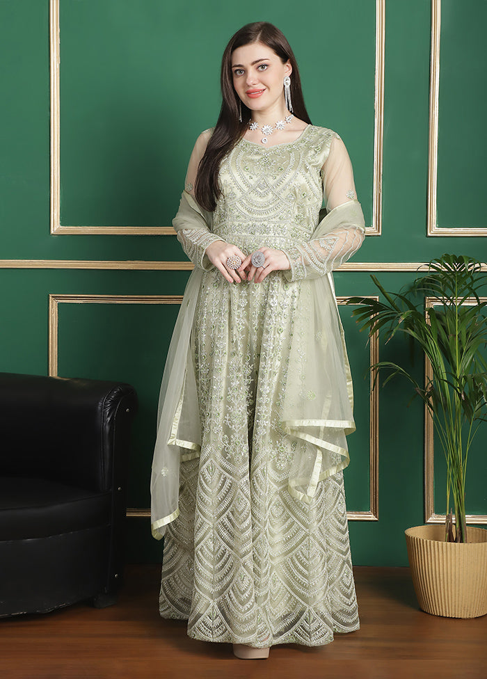 3 Pc Green Semi Stitched Silk Suit Set