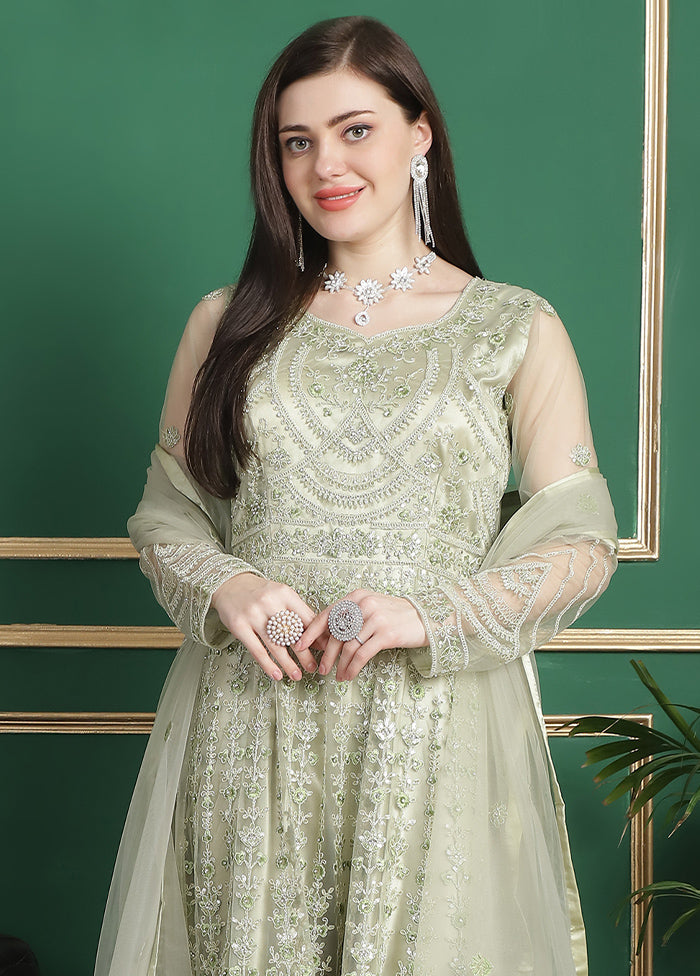 Pista Green Semi Stitched Net Indian Dress