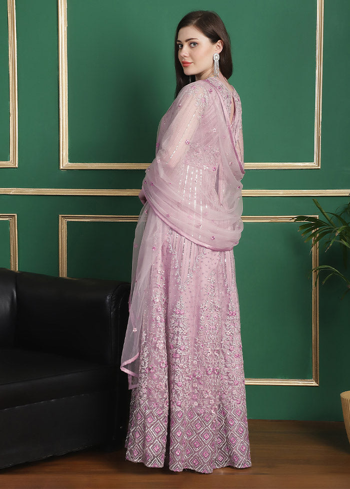 3 Pc Pink Semi Stitched Net Suit Set