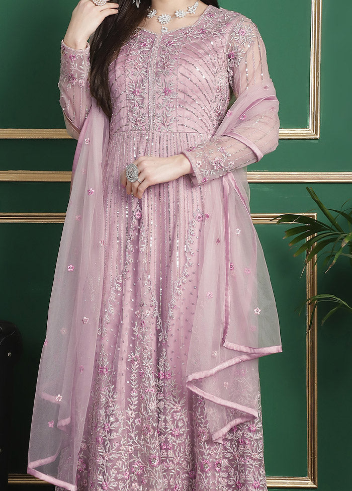 3 Pc Pink Semi Stitched Net Suit Set