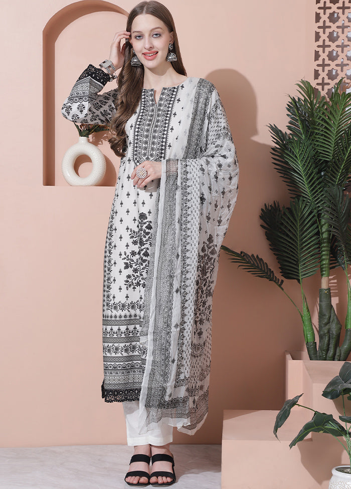 3 Pc Off White Pure Semi Stitched Cotton Suit Set - Indian Silk House Agencies