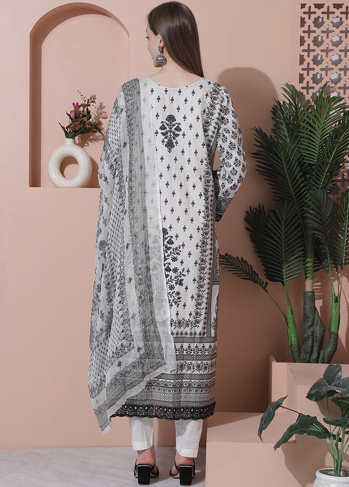 3 Pc Off White Pure Semi Stitched Cotton Suit Set - Indian Silk House Agencies