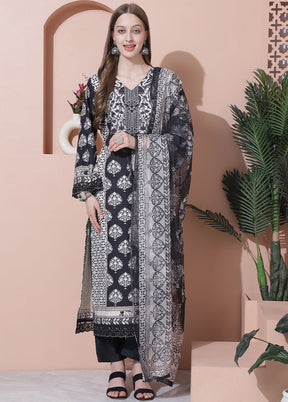 3 Pc Black Pure Semi Stitched Cotton Suit Set - Indian Silk House Agencies