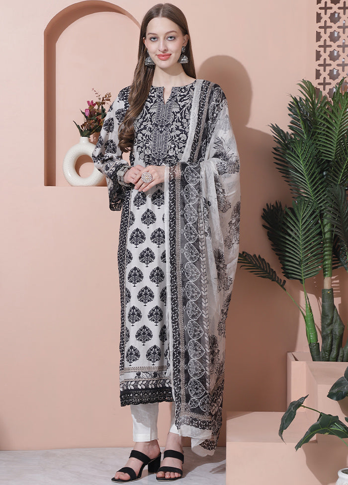 3 Pc Off White Pure Semi Stitched Cotton Suit Set - Indian Silk House Agencies