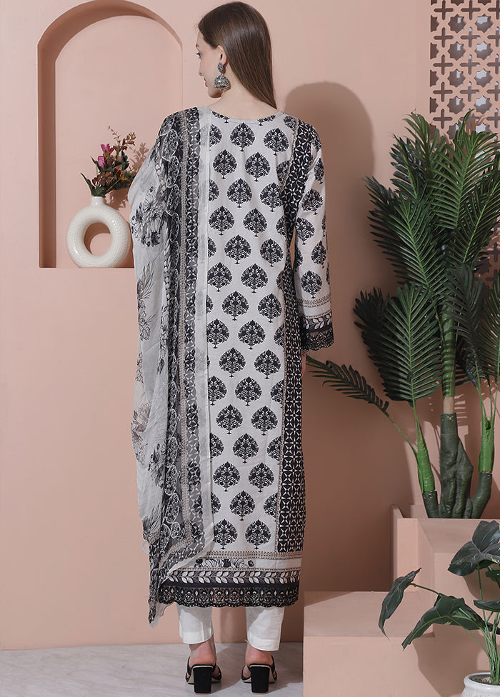 3 Pc Off White Pure Semi Stitched Cotton Suit Set - Indian Silk House Agencies