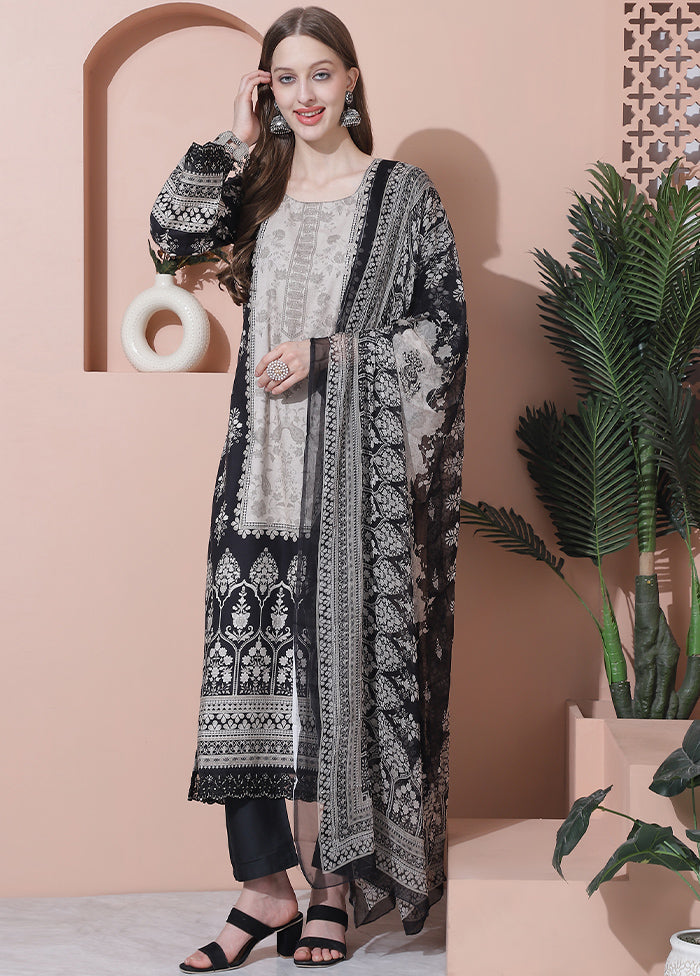 3 Pc Black Pure Semi Stitched Cotton Suit Set - Indian Silk House Agencies