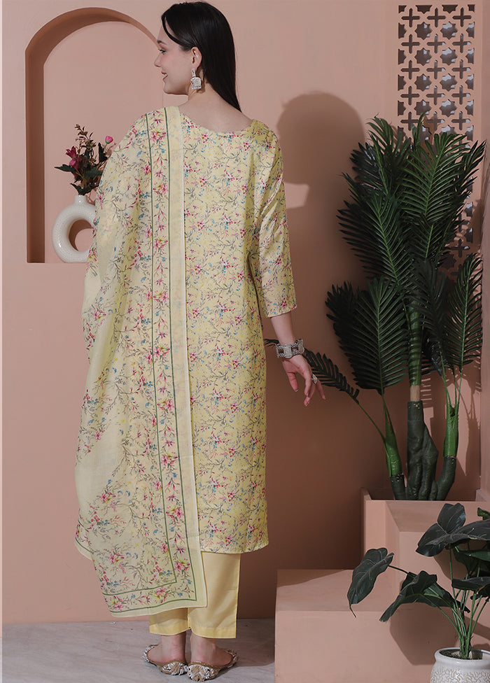 3 Pc Yellow Semi Stitched Silk Suit Set