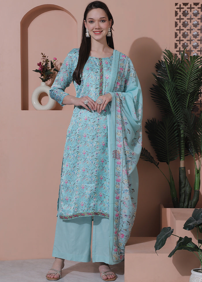 3 Pc Turquoise Semi Stitched Silk Suit Set