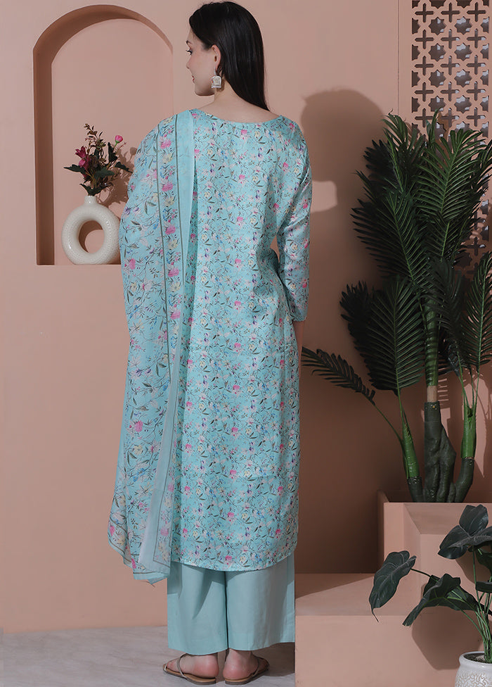 3 Pc Turquoise Unstitched Silk Suit Set