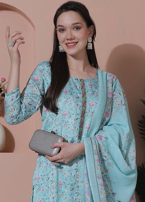 3 Pc Turquoise Unstitched Silk Suit Set