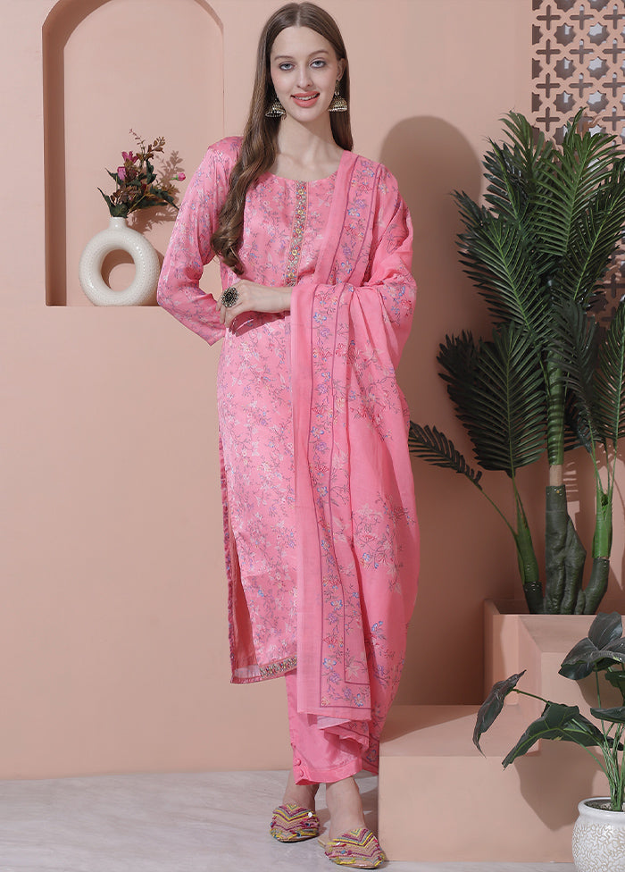 3 Pc Pink Semi Stitched Silk Suit Set - Indian Silk House Agencies